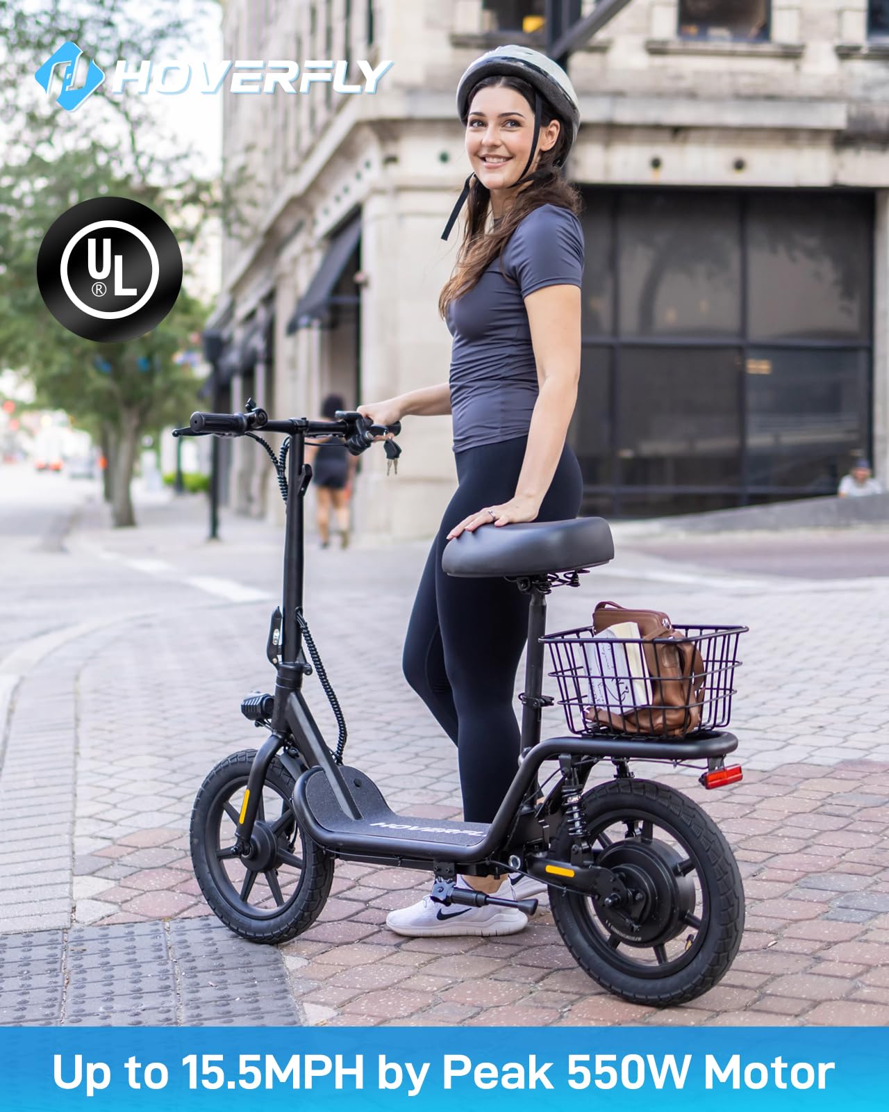 Hoverfly Z5 Electric Scooter with Seat for mature-themed  18.6Miles Range&15.5Mph Power by 400W Motor  14 Pneumatic Tire&Height Adjustable Seat  Foldable Commuter Scooter with Phone Holder  Hook&Carry Basket