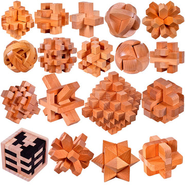 18 Pack Wooden Brain Teaser Puzzles Wooden Burr Puzzles Brain Teaser Puzzle With Gift Packing Box Magic Puzzle Games Toys For Kids And Adults By Ahyuan (Natural Wood)