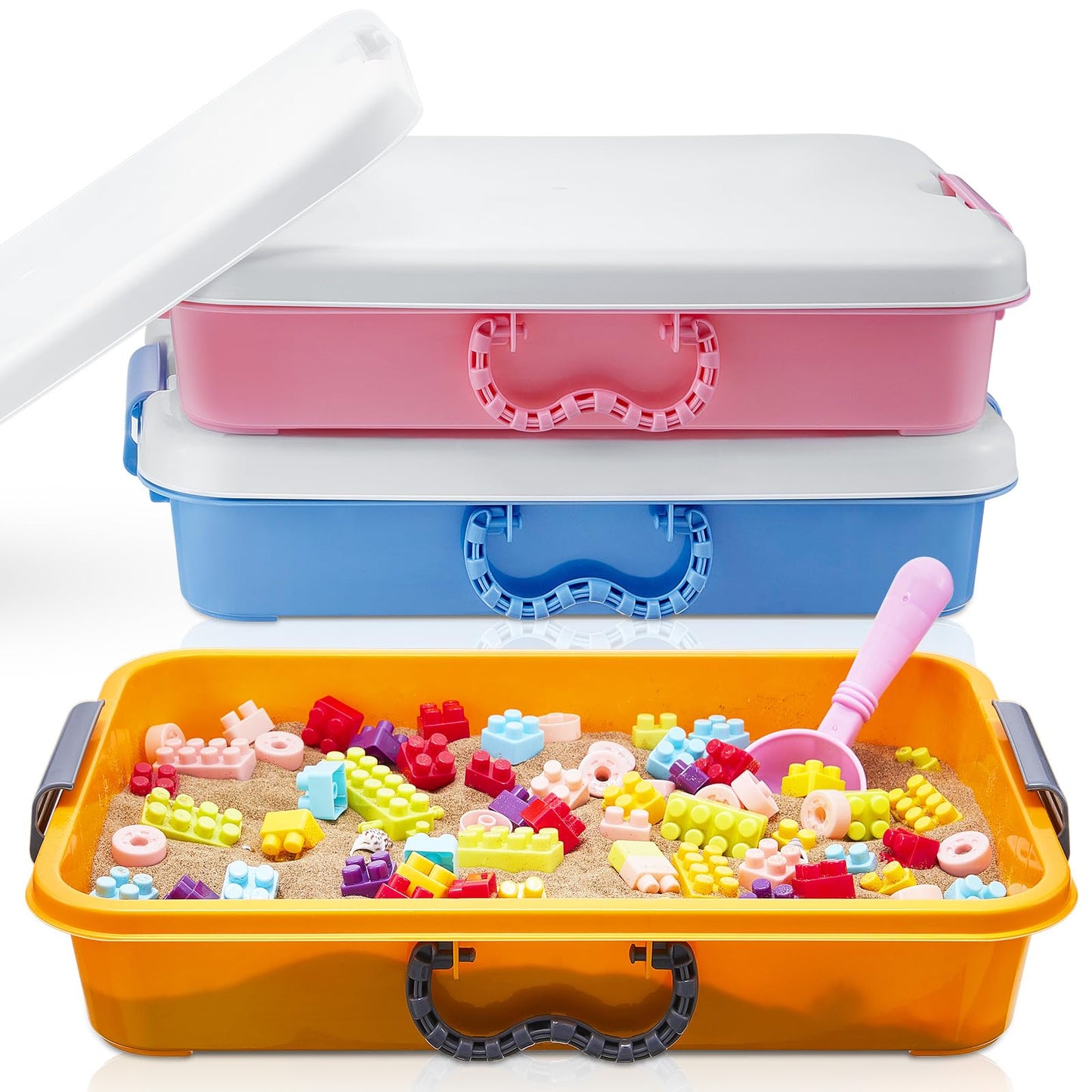 Suzile 3 Pcs Small Portable Sand Tray With Lid, Colorful Plastic Sand Box With Handles, 14.96 X 9.84 X 3.35 Inches, 3 Colors (Bl