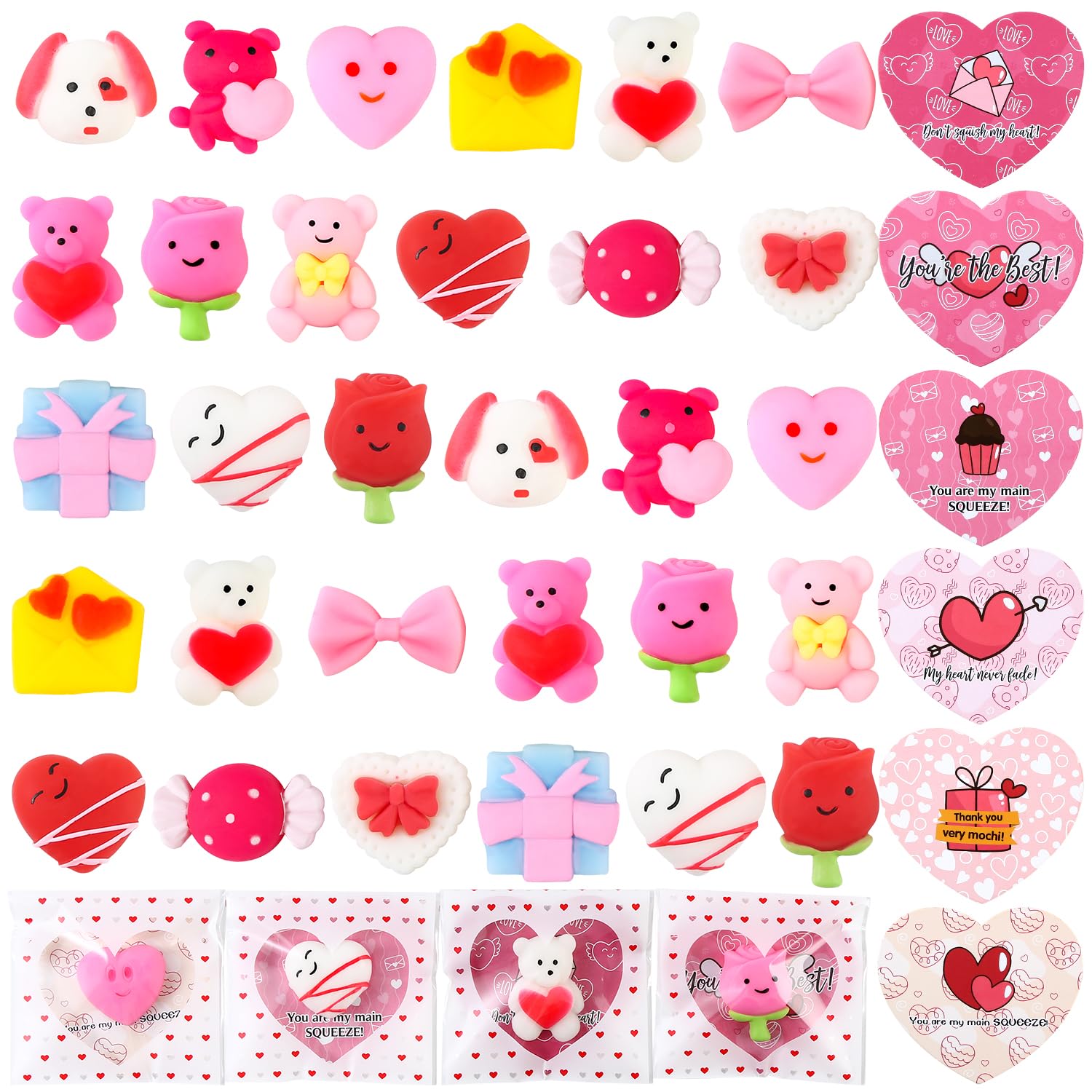 30Pack Valentines Cards For Kids With Mochi Squishy Toys, Squishy Squeeze Toy Bulk Valentines Day Gifts For Kids Classroom Exchange Small Toys For Kids Prizes Party Favors Goodie Bags Stuffers