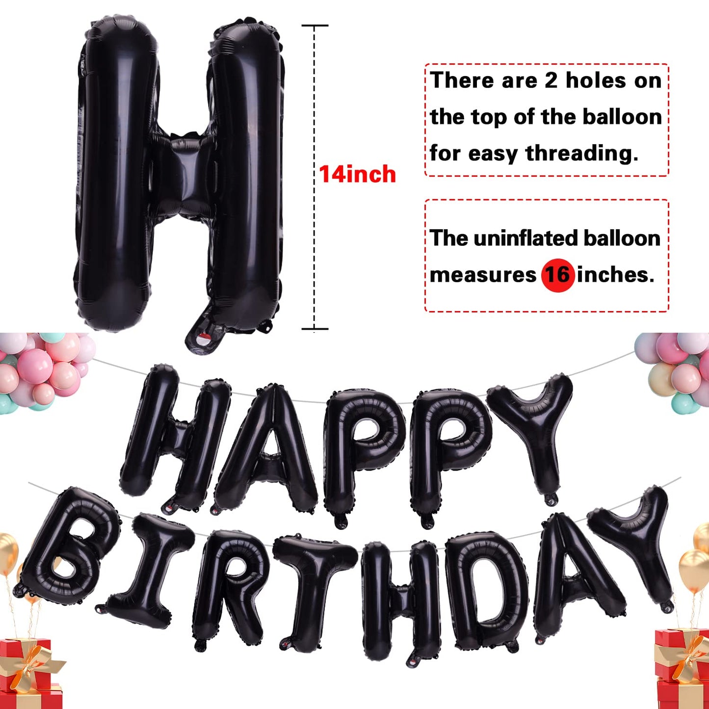 Accevo Black Happy Birthday Balloons Banner For Kids 16 Inch Foil Happy Birthday Sign Banner Letters Balloon 3D Happy Birthday B
