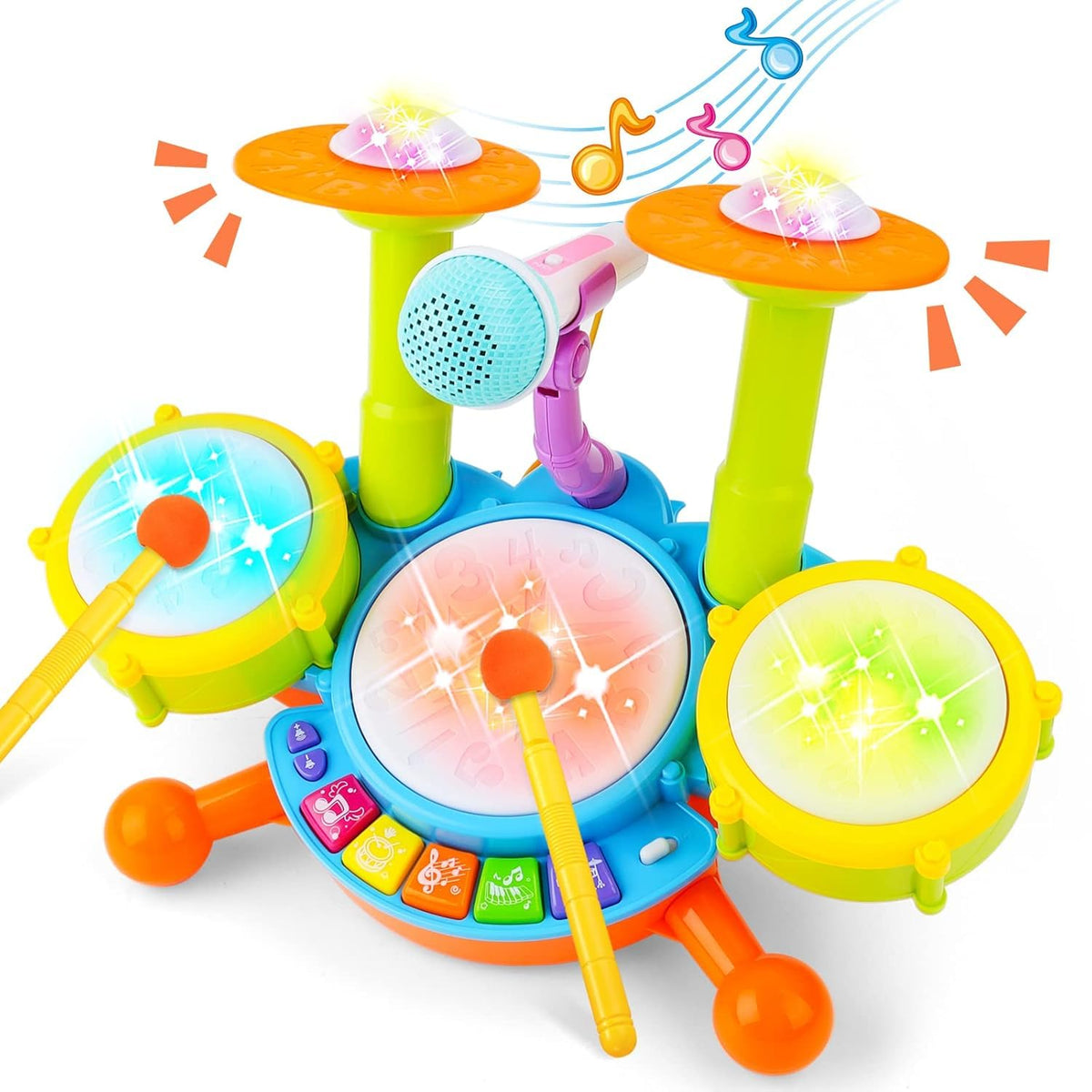 Equipagecart Baby Drums Set Toys For 61218 Months, Musical Toy With 2 Sticks Microphone, 3 Drums, Sound And Light Effects Maki