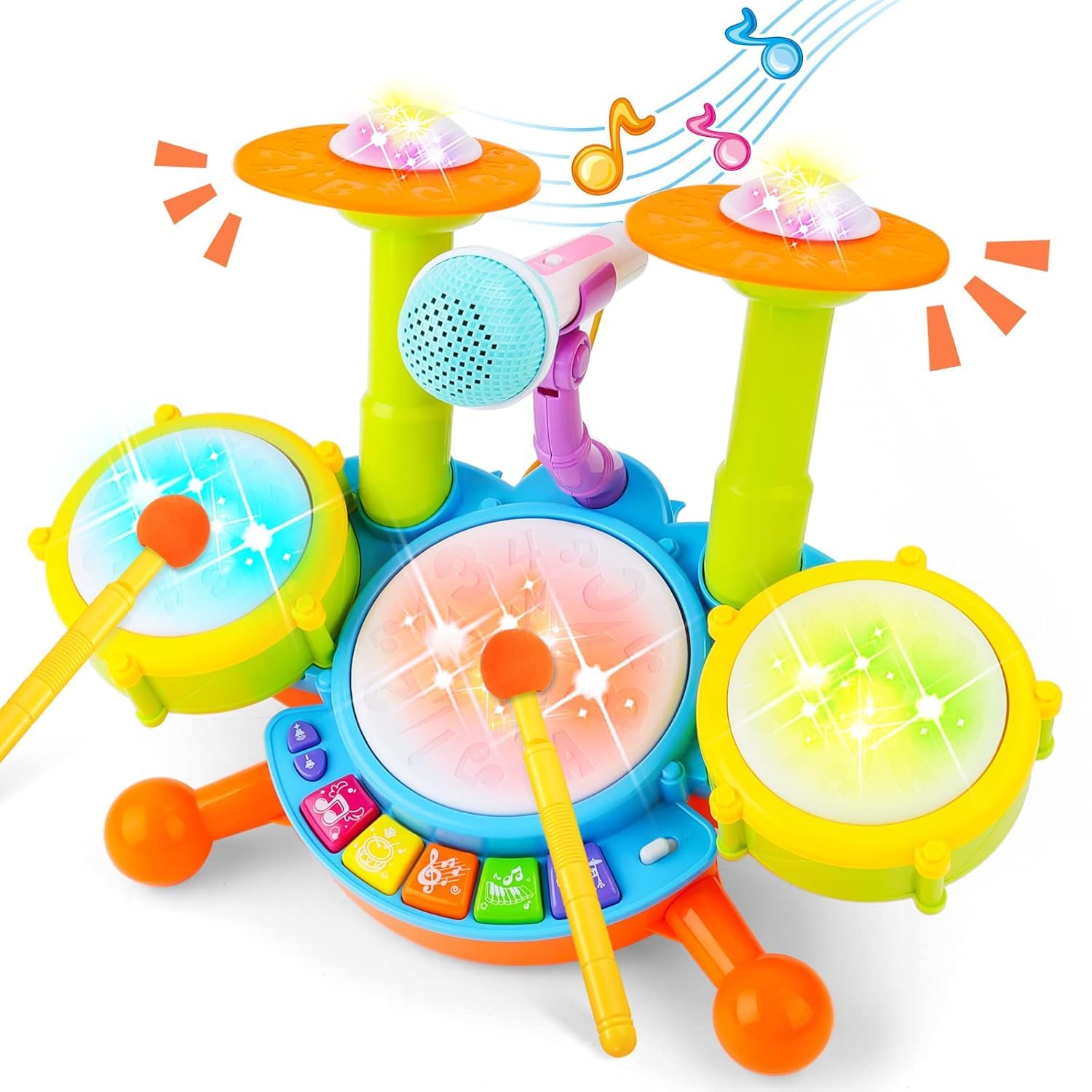 Equipagecart Baby Drums Set Toys For 61218 Months, Musical Toy With 2 Sticks Microphone, 3 Drums, Sound And Light Effects Maki