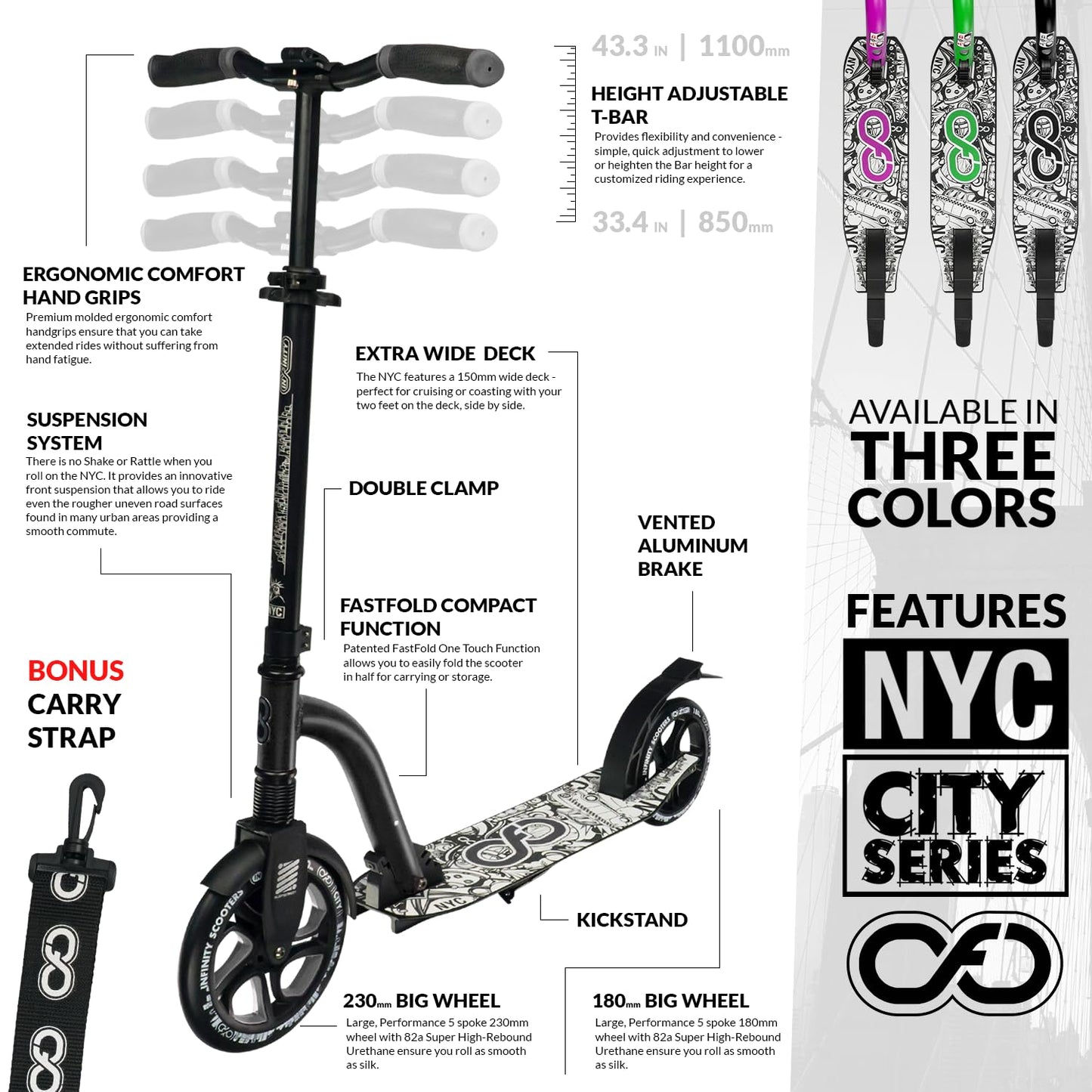 Crazy Skates Foldable Kick Scooter - Lightweight, Adjustable Handlebars, NYC Black Model for Adults, Teens & Kids