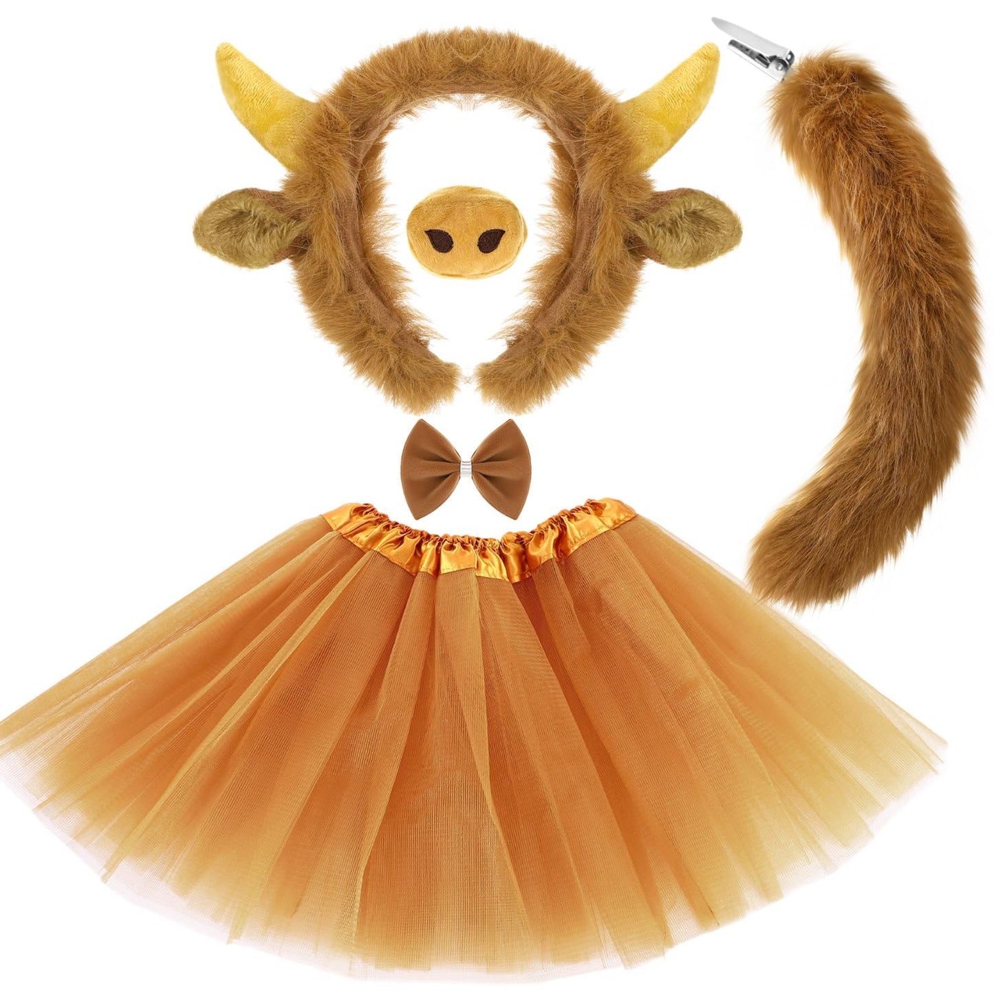 Janinka 5pcs Halloween Highland Cow Costume Set for Girls Women Brown Cow Ears Horns Headband Bowtie Tail Tutu Skirt Animal Fanc