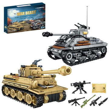 WW2 2 in 1 Army Tank Building Blocks Kit Create an American M4 Sherman & a German Tiger Tank Military Toy Sets Birthday for Age