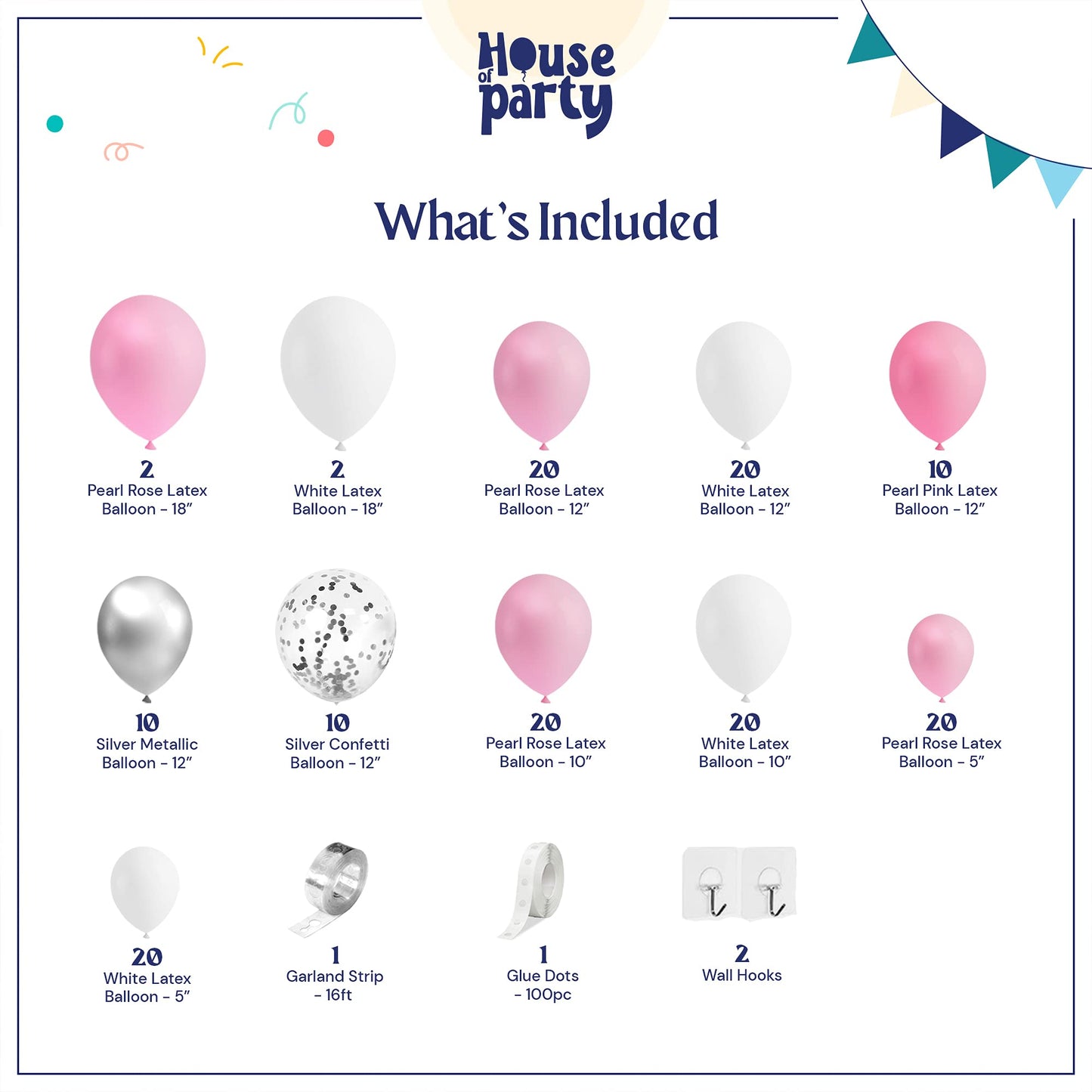 House Of Party Pink And White Balloons Garland Kit 158 Pcs - Pink, Silver Metallic, Silver Confetti Balloon Arch | White And Hot