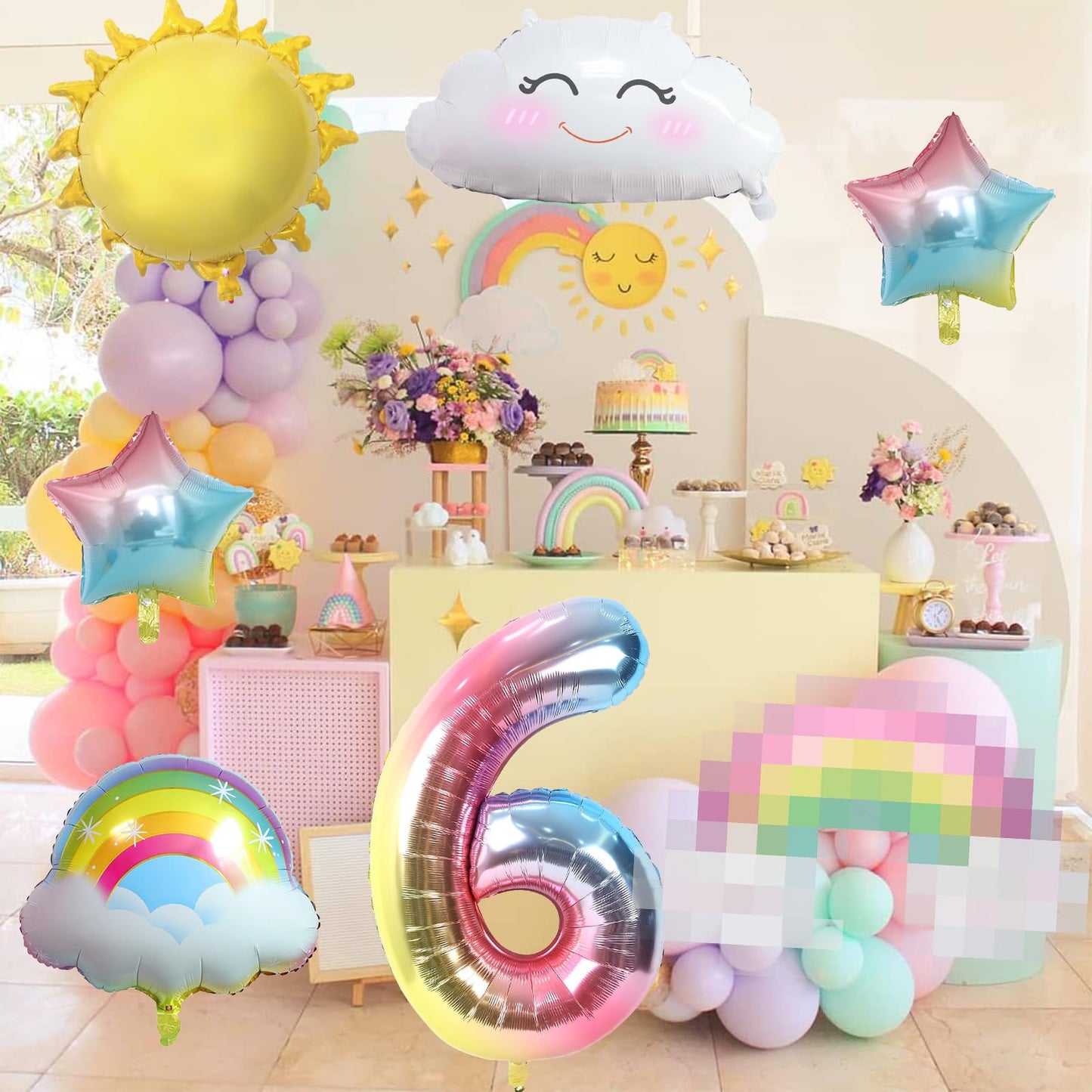 6Th Birthday Decorations Girl, 6Th Rainbow Birthday Balloons Set With Sun Rainbow Gradient Stars And 40 Inch Number 6 Foil Ballo