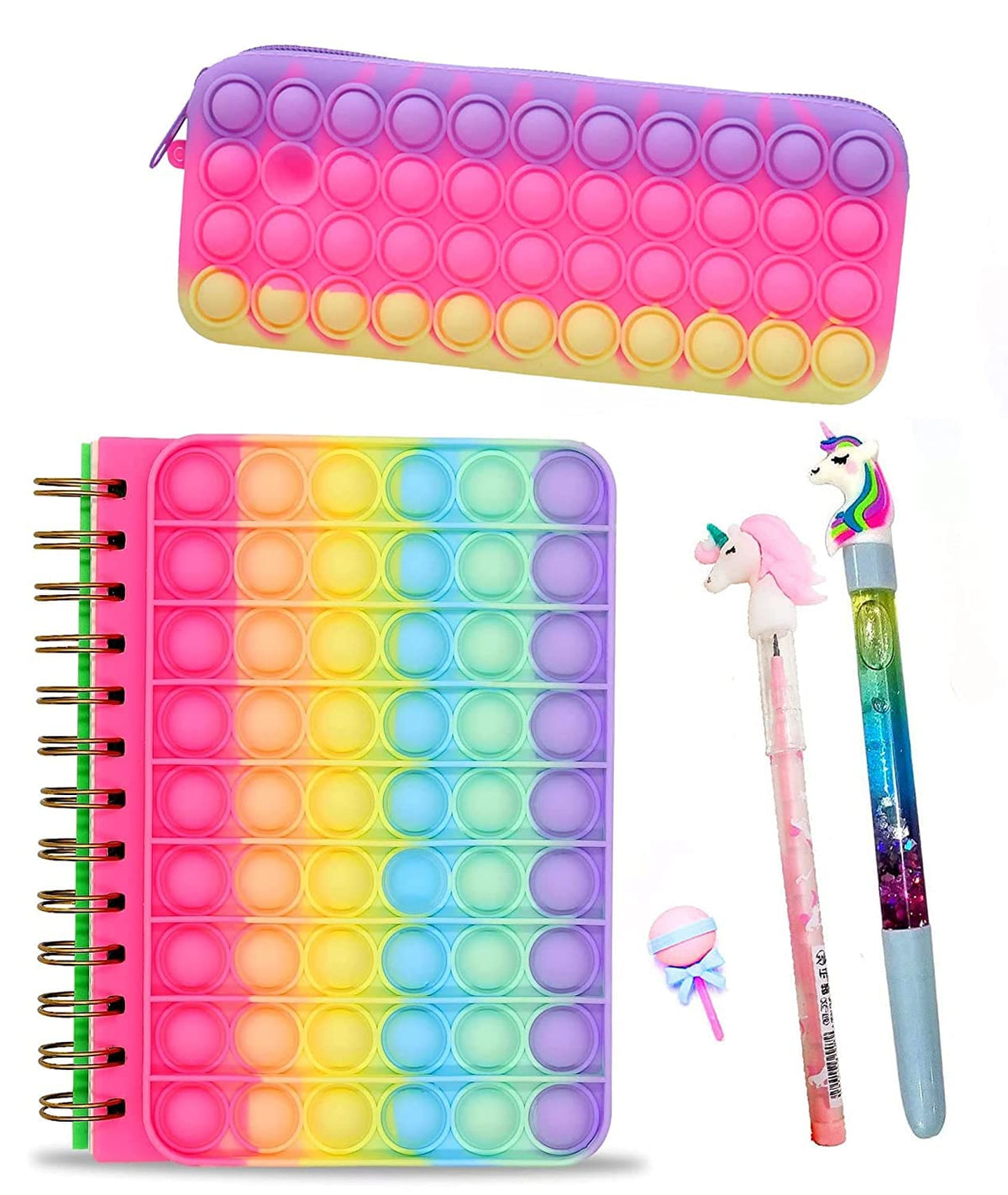 Samvardhan 5Pcs Pop It Fidget Diary Pop It Pencil Pouch With Stationery Unicorn Pen, Pencil And Desinger Eraser Birthday Gift Se