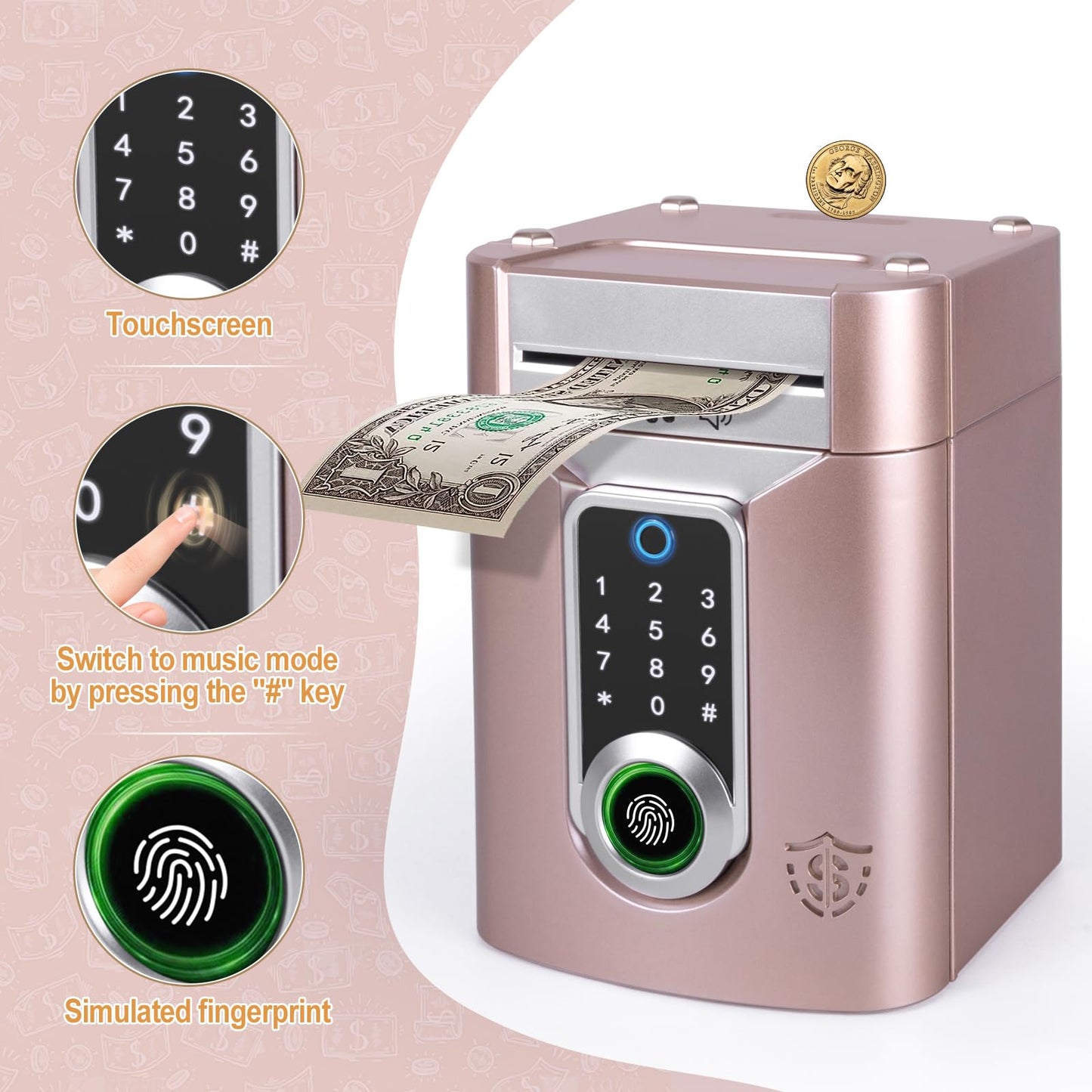 Refasy Touchscreen Piggy Bank Atm Bank Toy For Kids Age 3-12, Electronic Money Bank Coin Bank With Music Kids Safe Birthday Xmas Gifts Toys For 3 4 5 6 7 8 9 10 11 12 Year Old Boys Girls (Rose Gold)