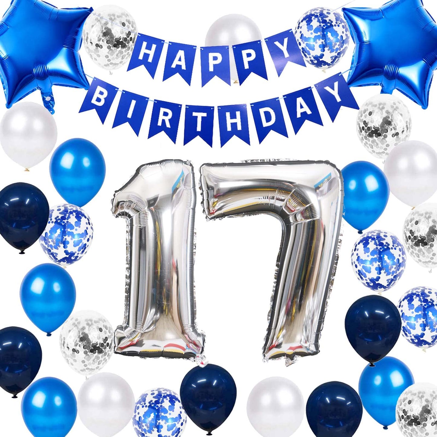 17Th Birthday Party Decorations Blue For Boys, Happy Birthday Banner Blue Number 17 Birthday Star Foil Balloons Latex Confetti B