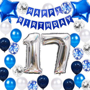 17Th Birthday Party Decorations Blue For Boys, Happy Birthday Banner Blue Number 17 Birthday Star Foil Balloons Latex Confetti B