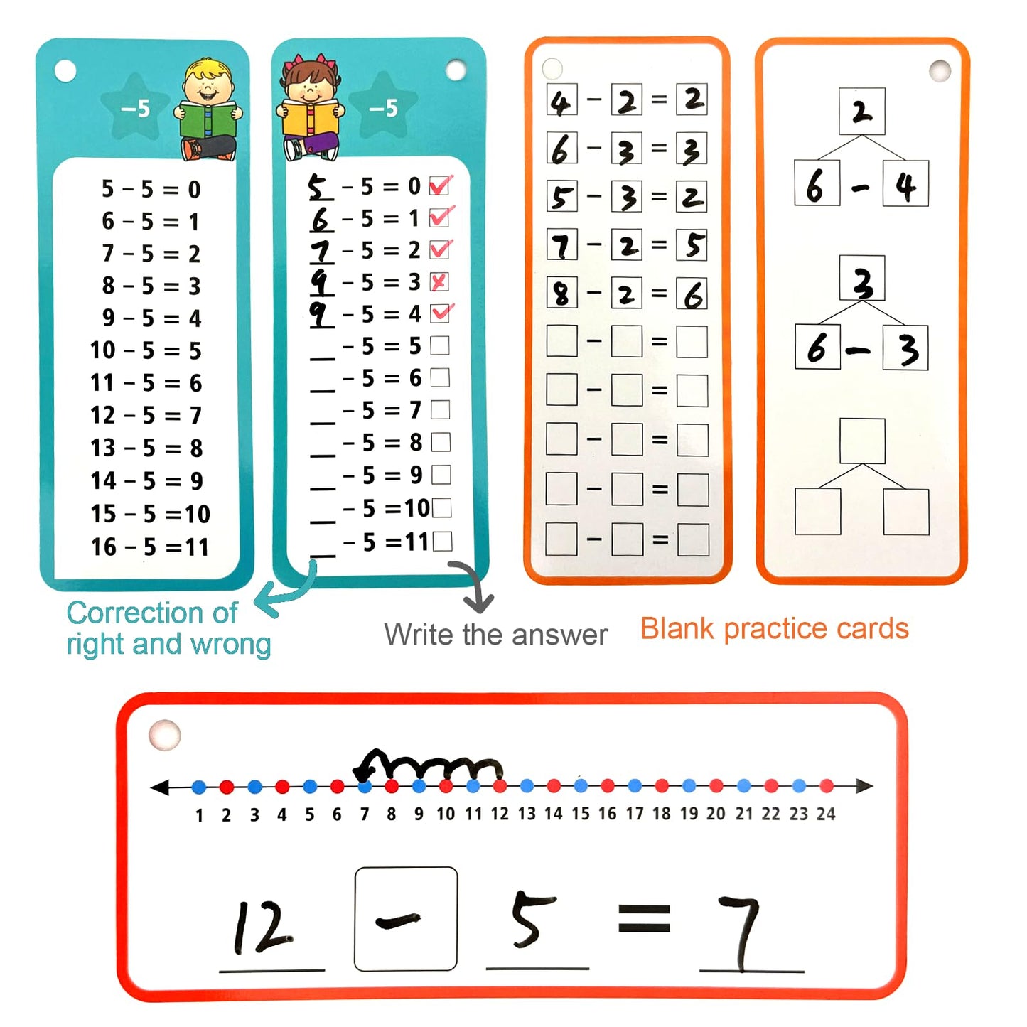 Limque 1-12 Math Flash Cards With 6 Dry Erase Pens, 15Pcs Big Subtraction Flash Cards + 36 Pcs Random Double-Sided Subtraction P