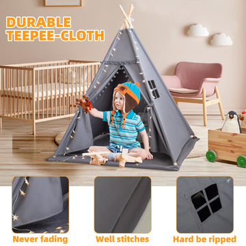 Rongfa Teepee Tent For Kids With Mat, Star Lights, Carry Case, Cotton Canvas Playhouse, Foldable Tents, Portable Children Play Tent Indoor Outdoor(Grey)