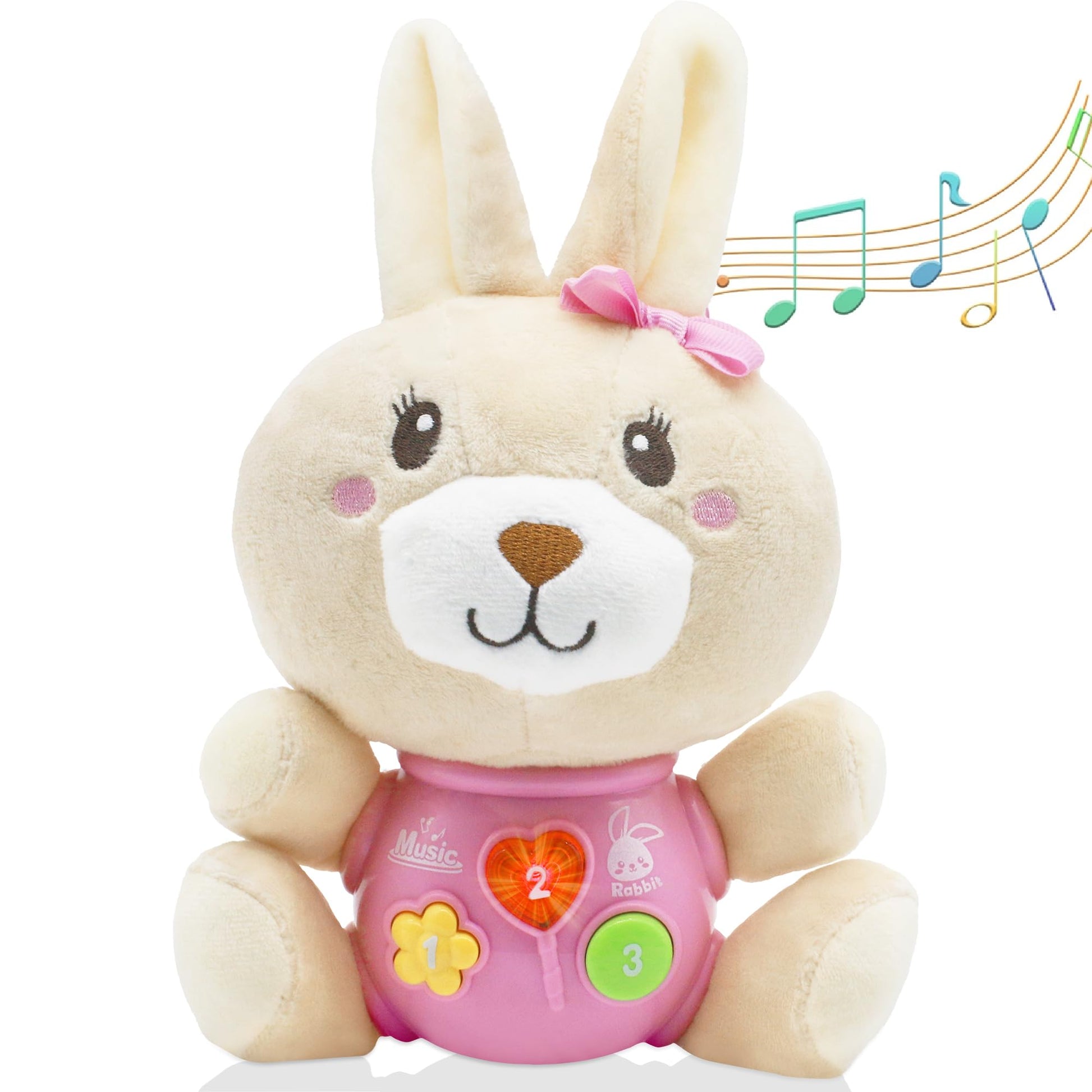 Haptime Baby Bunny Toys 6-12 Months, Infant Toys 0-6 Months, Newborn Girl Music Tummy Toy Plush Stuffed Animal, Baby Easter Basket Stuffers Birthday Shower Gift For 0 1 3 6 9 12 18 Months Girls