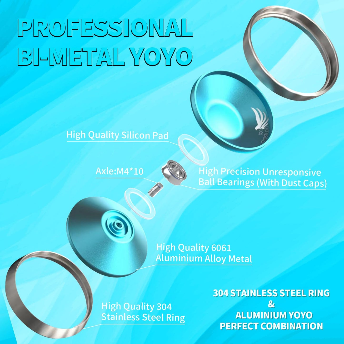 Yoyostudio S03 Blue Silver Professional Bi-Metal Yoyo, Unresponsive Yo Yo For Adults, Responsive Yoyo For Kid 8-12 Or Above With