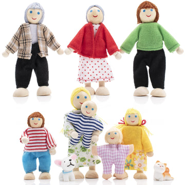 Jzszera Wooden Doll House People Of 8 Miniature Figures And 2 Pets, Dollhouse Dolls Family Set- Dollhouse Accessories For Girls Toddler Kids Pretend Play And Imaginative Fun