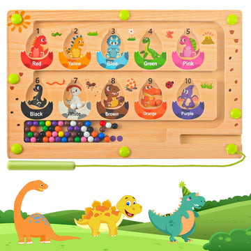 Magnetic Dinosaur Eggs Maze - Wooden Montessori Toy For Fine Motor Skills, Color Sorting & Counting | Educational Sensory Board 