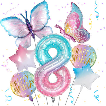 Butterfly Balloons 8Th Birthday Decorations For Girls, Gradient Pink Colorful Butterfly Foil Balloons, Giant Number 8 Foil Mylar