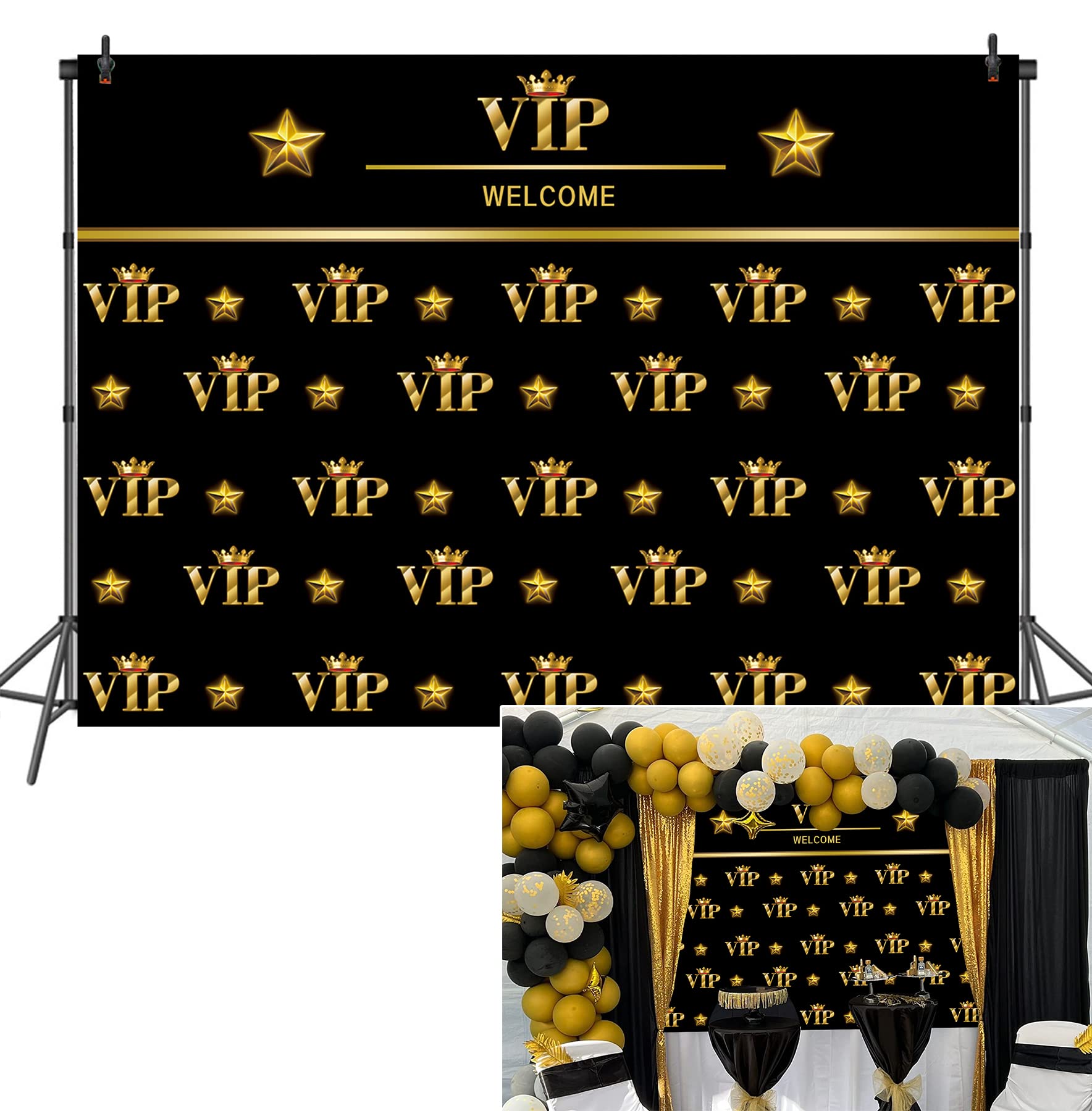 BAIFNEZ VIP Photography Backdrop Black Gold VIP Party Photo Banner Graduation Prom Backdrop 7x5FT Red Carpet Event Birthday Part