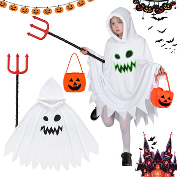 Forfamy Ghost Costume Kids Glow In The Dark Hooded Cloak White Halloween Costumes Spooky Trick Or Treating Cosplay Poncho (White