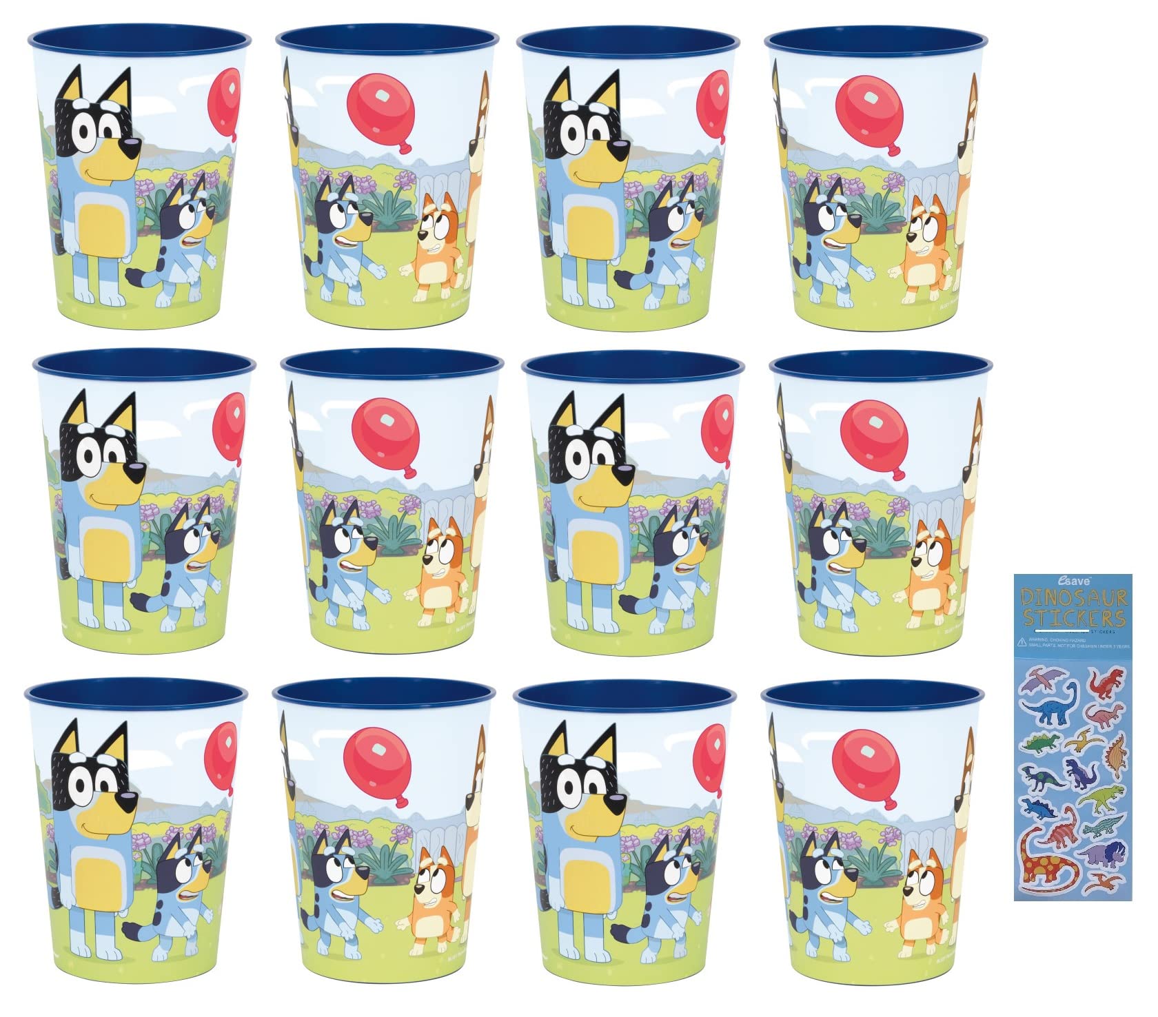 Unique Bluey Birthday Party Supplies Bundle Pack includes 12 Reusable Plastic Cups and 1 Dinosaur Sticker Sheet