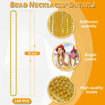 144PCS Mardi Gras Beads, Gold Bead Necklace Christmas Stuff, 33'' Mardi Gras Beads Necklace Costume Bulk, Festival Parade Throw