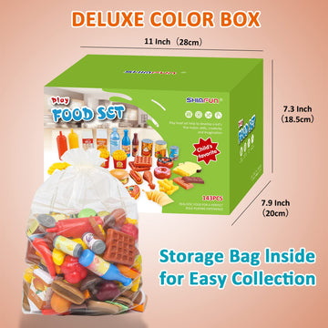 Shimfun 143 Piece Play Food for Kids Kitchen - Toy Assortment - Pretend Food for Toddler - Bonus Water Bottle + Deluxe Color Box