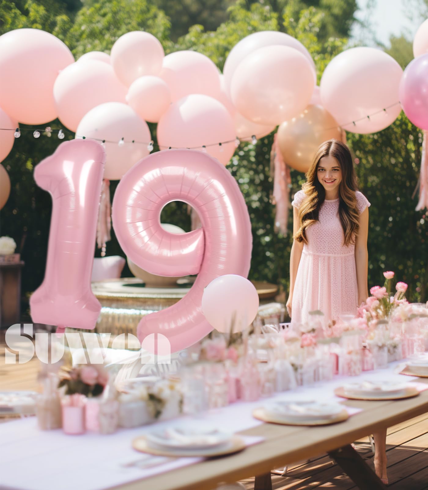 SUWEN 40 Inch Pink Foil Number Balloons 0-9 Jumbo Mylar Birthday Party Decorations for Girls, Women, and 19th Anniversary Supplies