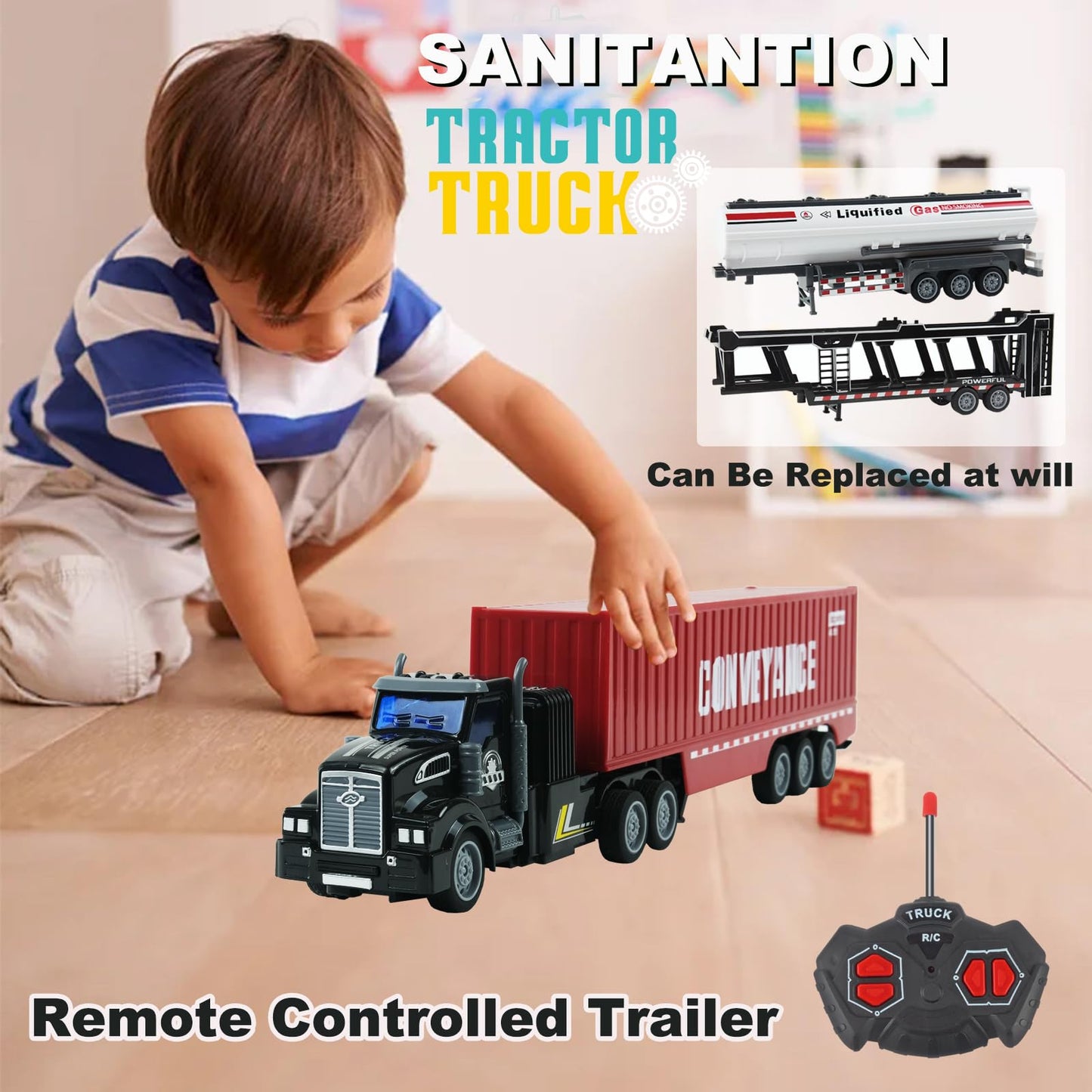 Remote Control Truck, 14'' 1:48 mini Truck Toy, equipped with 2 Rechargeable Batteries, Semi-Trailers include Car Carriers, Tank