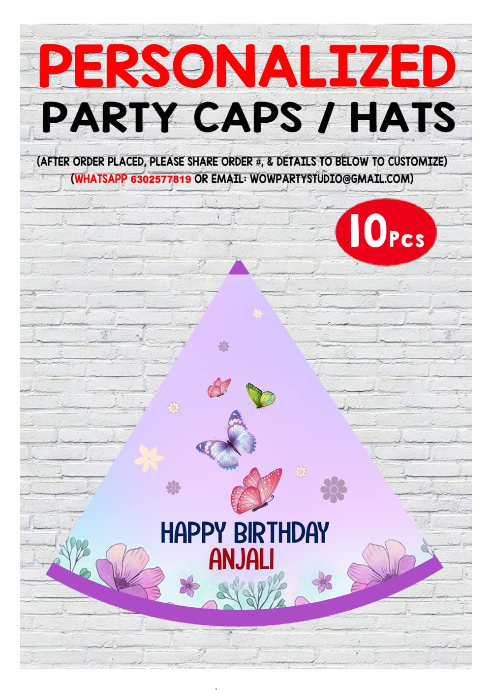 Wow Party Studio Personalised Butterfly Theme Happy Birthday Party Decorations Party Caps/Hats With Birthday Boy/Girl Name  10P