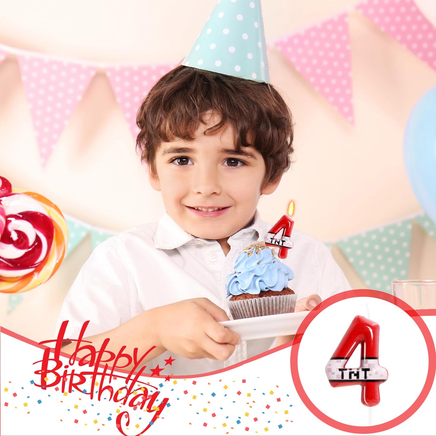 TNT Themed Birthday Candles for Boys Girls, Craft Pixels Cake Topper, Kids Themed Birthday Party Supplies (Number 4-Red)