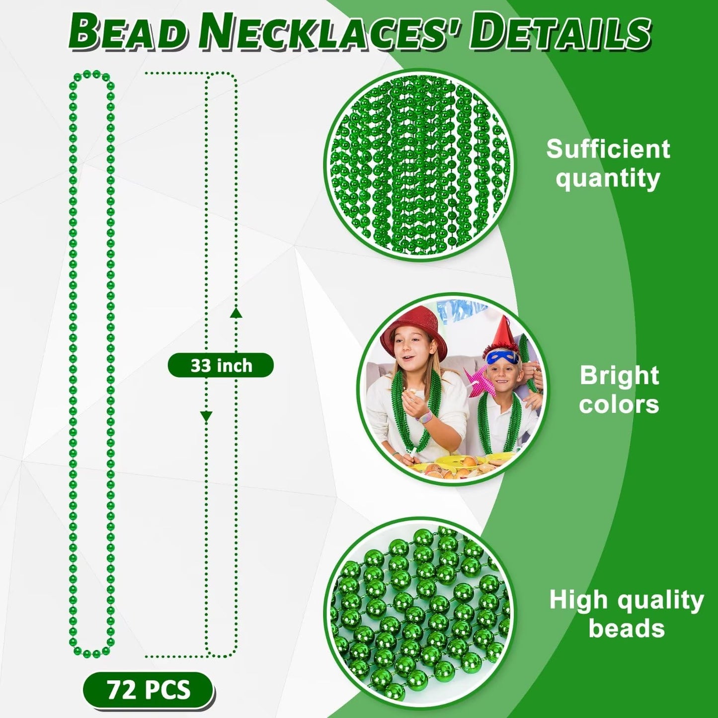 72PCS Green Bead Necklace, Mardi Gras Beads Necklace Accessories Bulk, Mardi Gras Xmas Necklaces Women Men, Parade Throw Accesso
