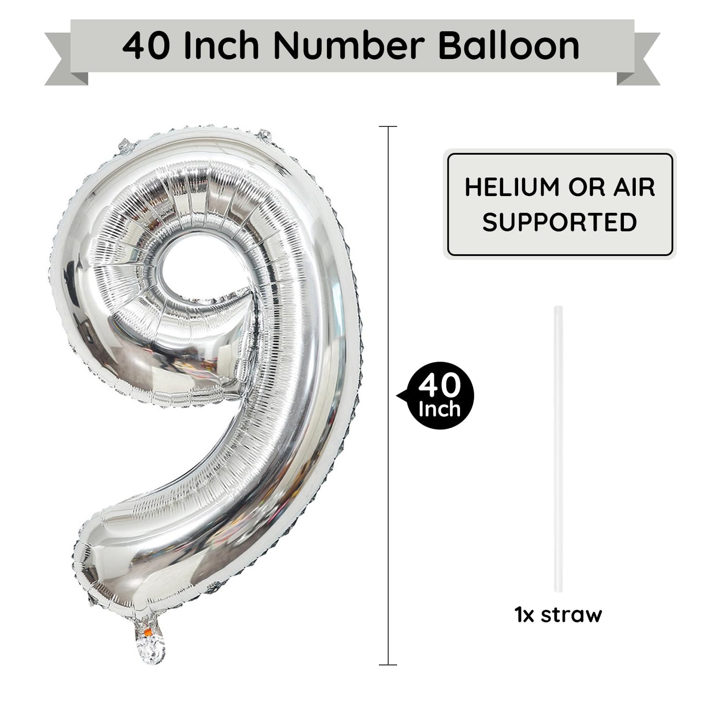 Paticool Silver Number 9 Balloon, 40 Inch Large Number Foil Mylar Balloons For 9Th Girl Boy Birthday Party Celebration Decoratio