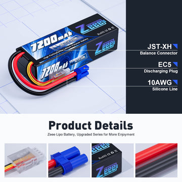 Zeee 3S Lipo Battery 7200mAh 11.1V 80C with EC5 Connector Hard Case Battery Compatible with RC Car RC Truck RC Boat LOSI Associa