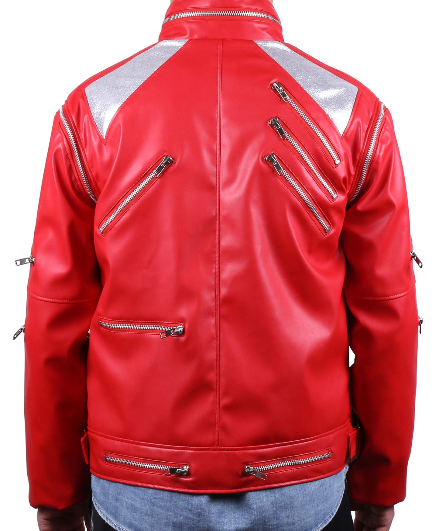 MJB2C Red 80s PU Leather Jacket - Retro Zipper Accent Stage Coat for Cosplay  Halloween & Party - mature-themed X-Small