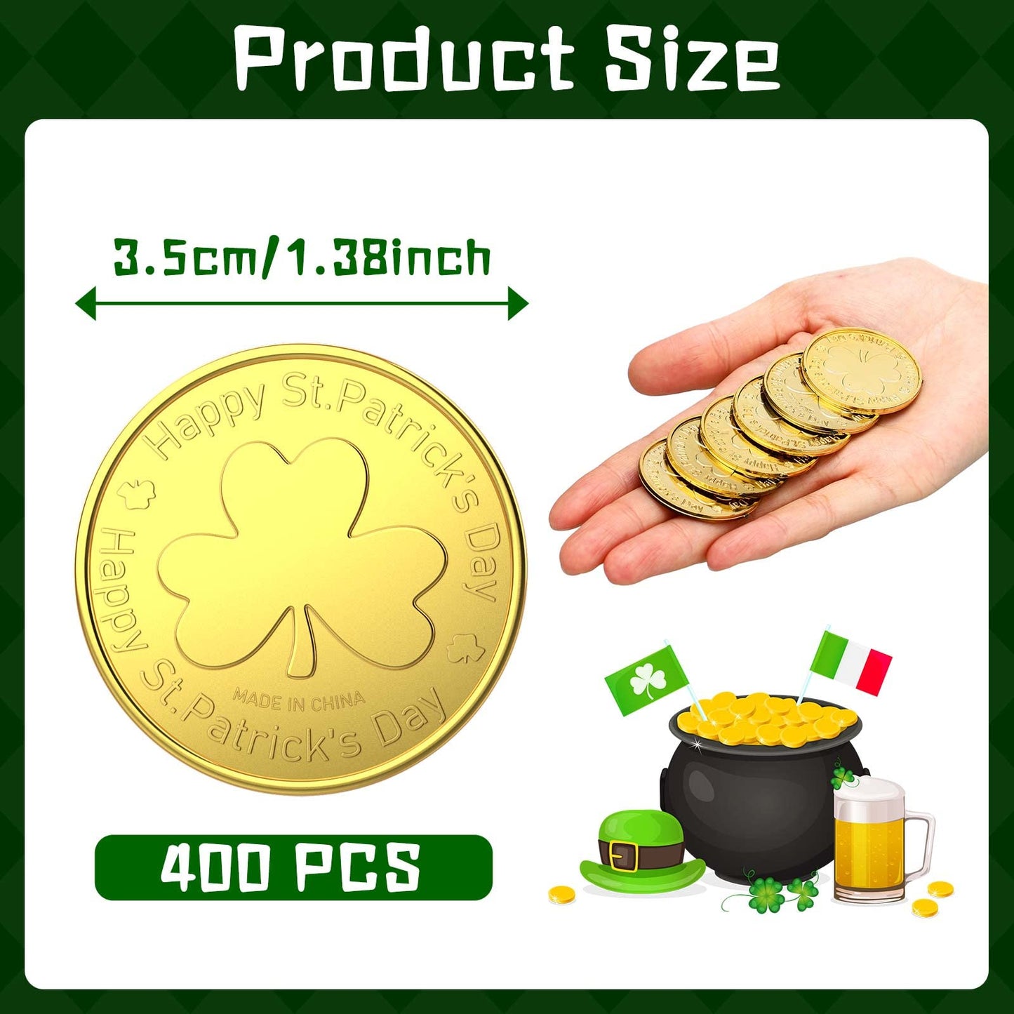 Sanwuta 400 Pieces Gold St. Patrick's Day Plastic Coins Bulk Lucky Shamrock Leprechaun Coins St Patricks Day Decorations with 3
