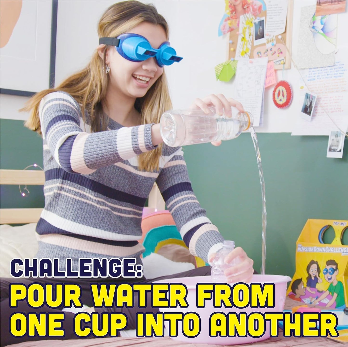 Vango UpsideDownChallenge Game - Fun Challenges with Goggles, Ages 8+, 2-6 Players, Blue, Bonus Edition with 30 Extra Challenges, Model VNG070B