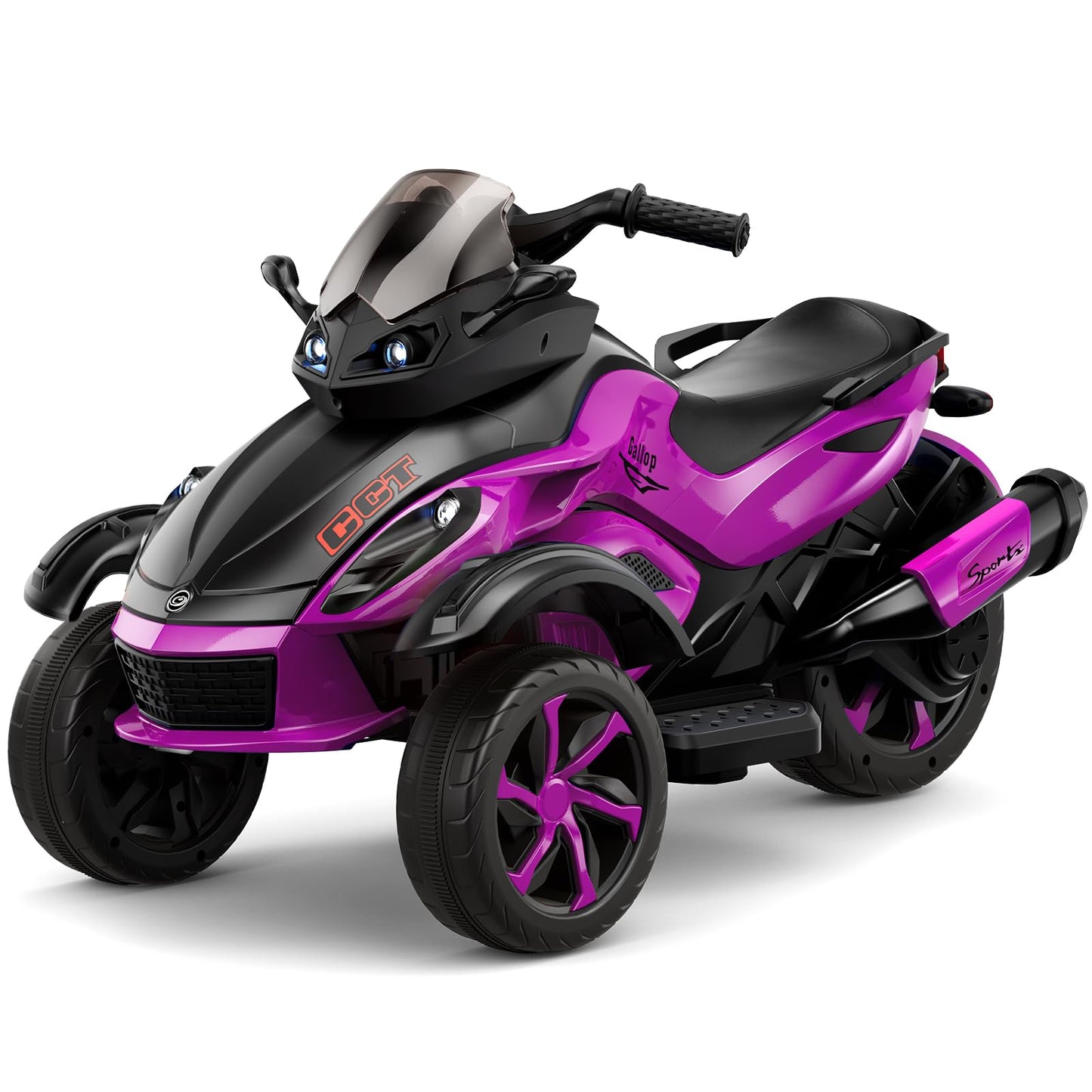 Hotsolo 12V Kids Electric Motorcycle, 3 Wheeler Toddler ATV with Led Lights, Music, Horn, Shock Absorbers, Purple Power Wheels f
