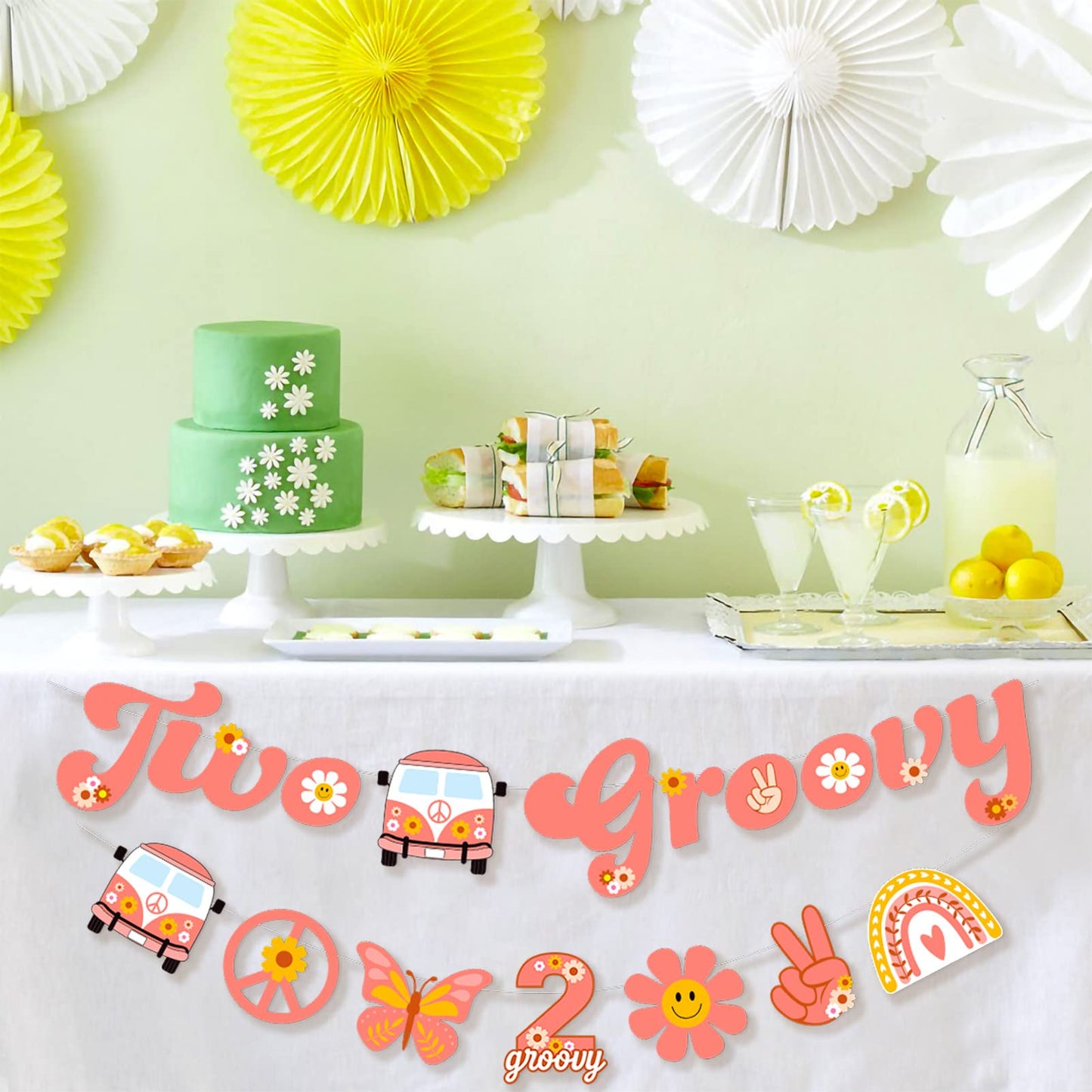 Ushinemi Two Groovy Party Decorations, Hippie Two Groovy Hanging Banner With Boho Garland, Retro Hippie Decor For Kids Girls