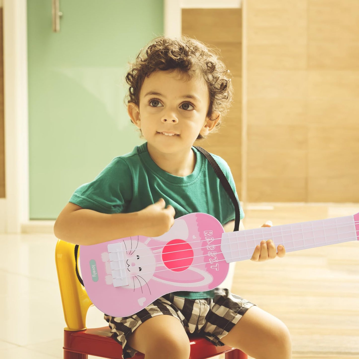Generic Guitar Toy Pink Rabbit Early Educational Instruments 4 Strings Ukulele Toy Musical Instrument Toy Gift for Toddlers Kids