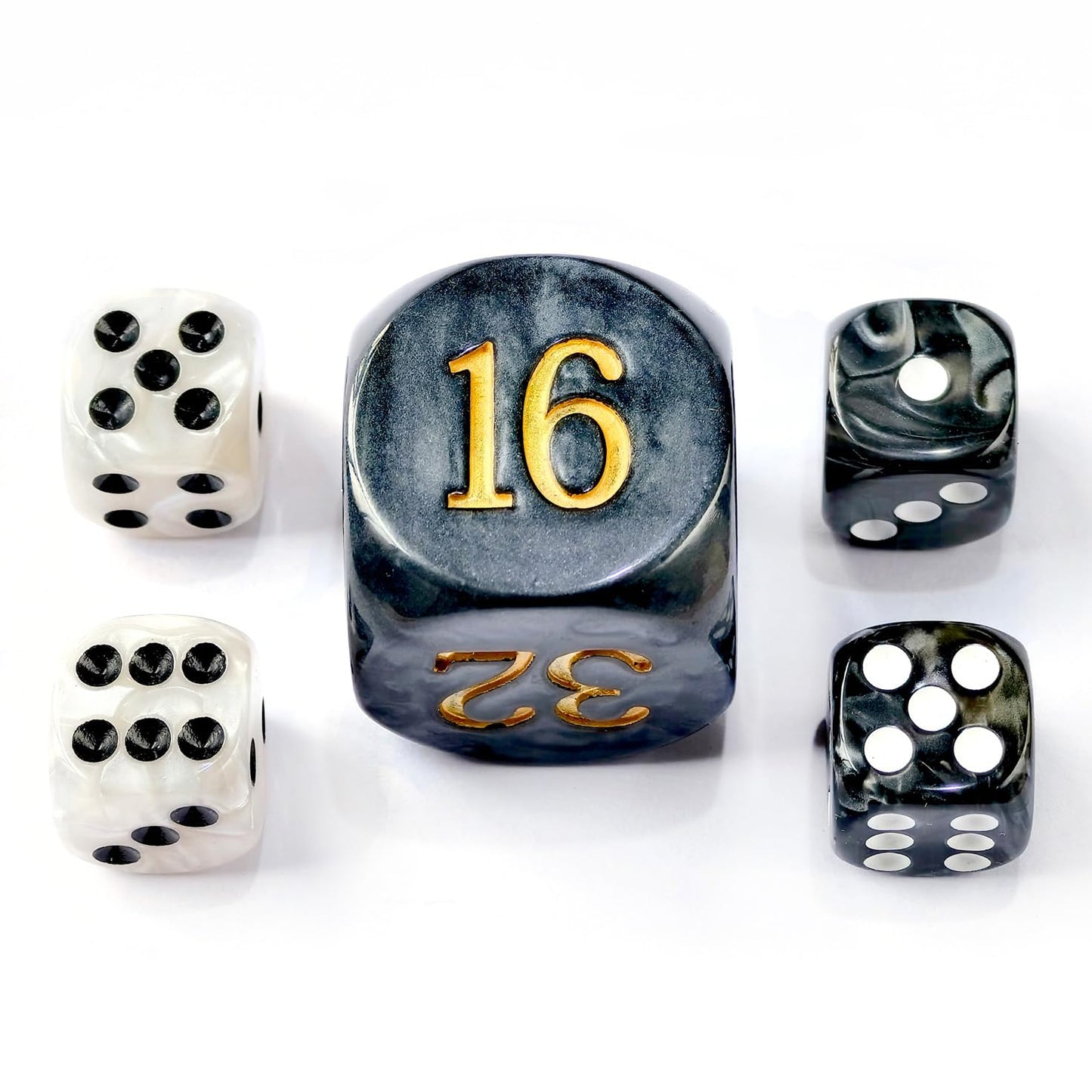 5Pcs Set 30Mm Backgammon Pearl Dice Set - 30Mm (1 3/16'') Large Backgammon Doubling Cube Plus 4Pcs 16Mm Dice (Black/White Marble