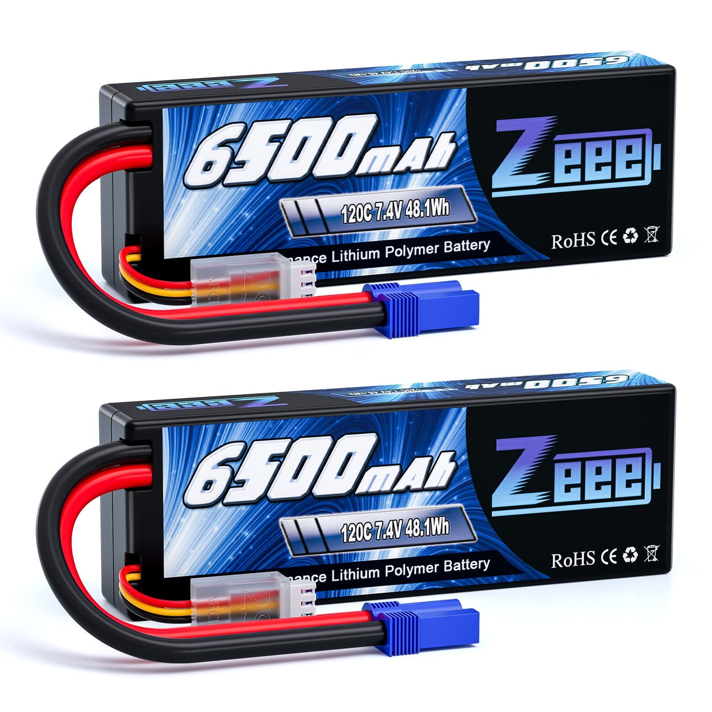 Zeee 2S Lipo Battery 6500mAh 7.4V 120C Hard Case RC Car Battery with EC5 Connector for RC Vehicles RC Truck Tank Truggy Boat Rac