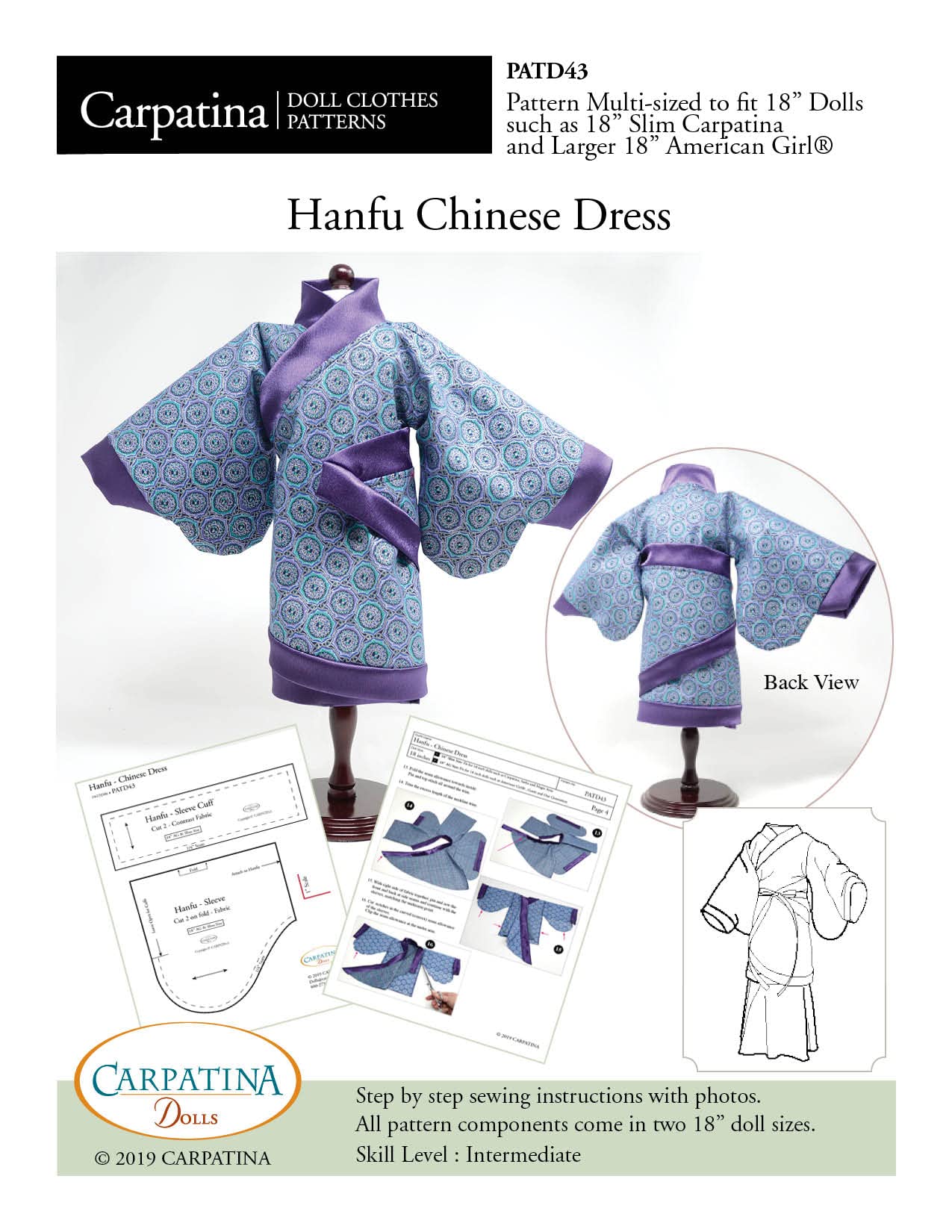 Hanfu Chinese Dress And Kimono Pattern Multi-Sized For 18'' American Girl Dolls And For 18'' Slim Carpatina Dolls