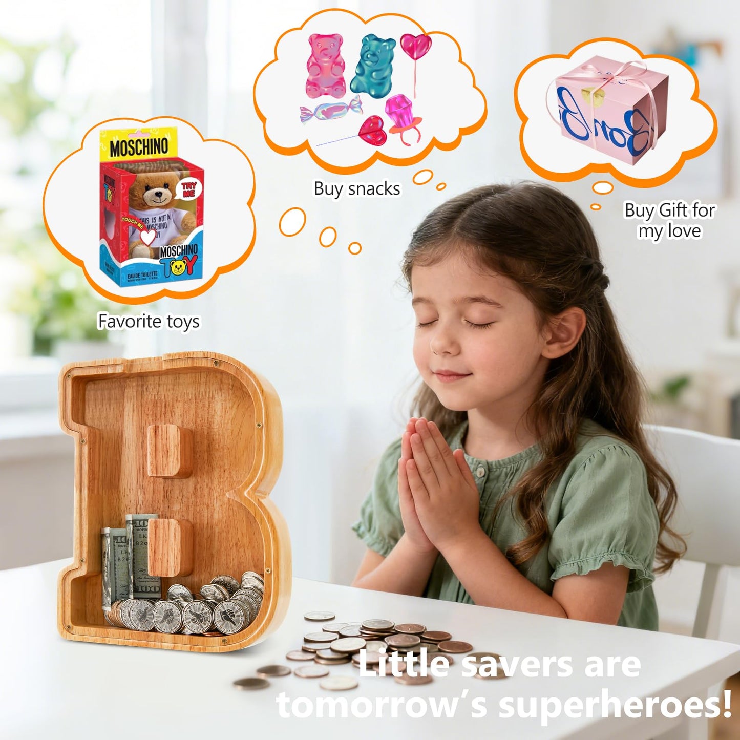 Wooden Letter Piggy Bank for Kids  Initial Coin Bank for Boys and Girls  First Name Personalized Savings Bank for Birthday Boys Girls Gift Piggy Bank for Kids (Wood  S9-B)