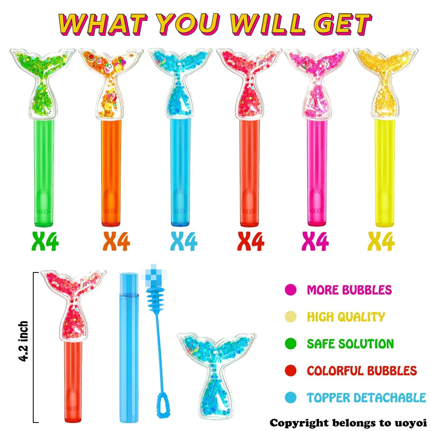 Uoyoi Mermaid Party Favors,24Pcs Glitter Mermaid Tail Bubble Wands For Kids,Cute Mermaid Bubble Wand For Mermaid Birthday Party