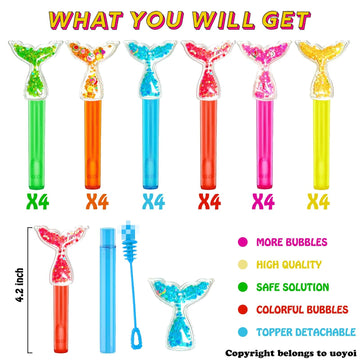 Uoyoi Mermaid Party Favors,24Pcs Glitter Mermaid Tail Bubble Wands For Kids,Cute Mermaid Bubble Wand For Mermaid Birthday Party
