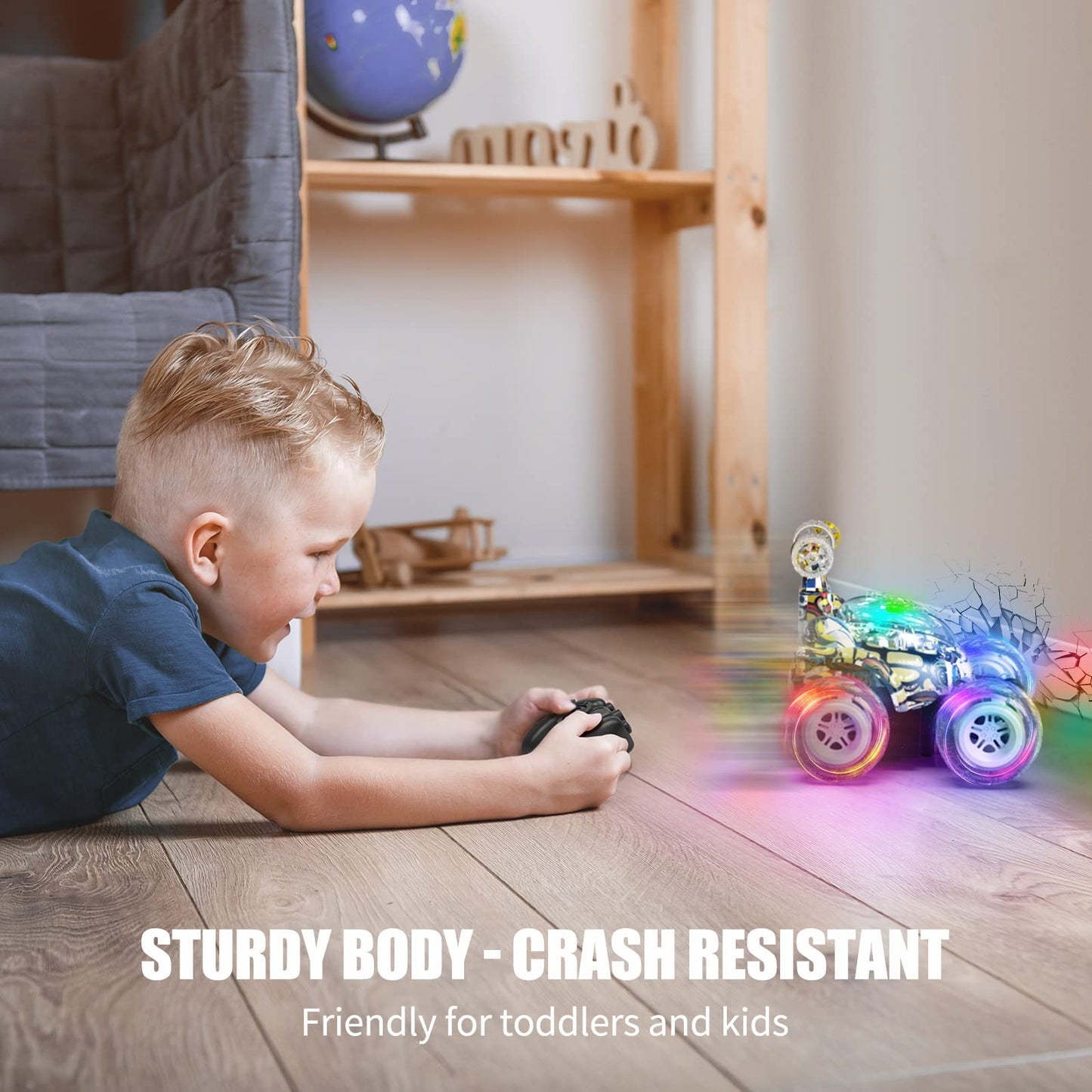 Kizeefun Remote Control Car for Kids RC Stunt Car Invincible 360Rolling Twister with Colorful Lights & Music Rechargeable Remote