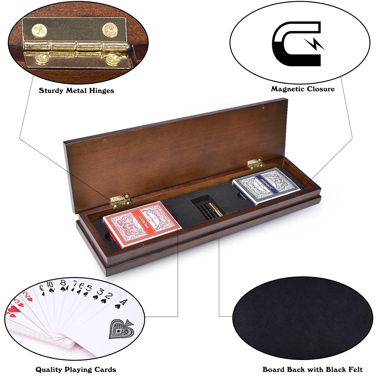 AMEROUS Wooden Cribbage Board Game Set - Magnetic Lock, Metal Pegs, 3 Track Board, Portable for Family Fun & Travel