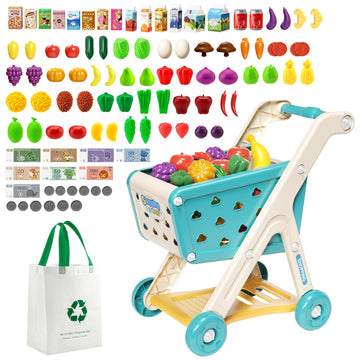 Jovow 98Pcs Kids Shopping Cart Trolley Play Set With Pretend Food And Accessories,Perfect For Ages 3+ Pretend Play And Role-Play